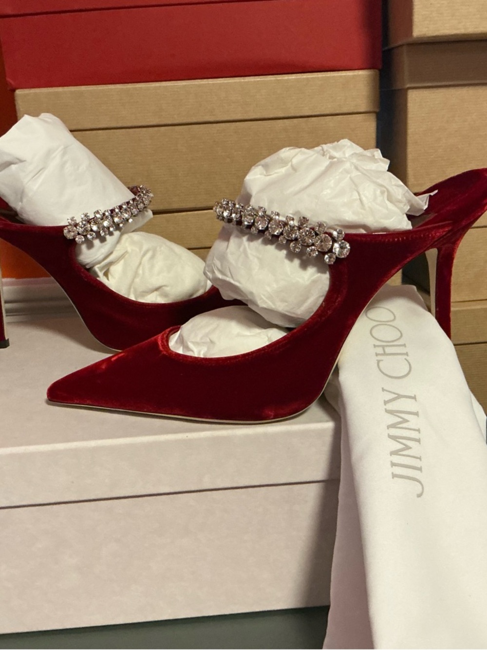 Jimmy Choo Red Velvet Crystal Strap Pointed Toe Heels
